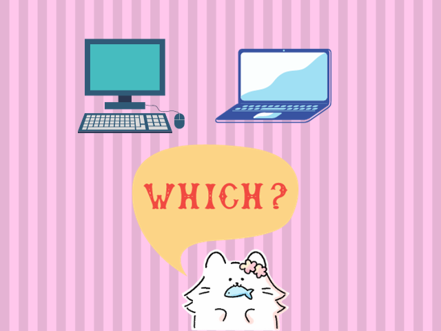 デスクトップとノートパソコンどちらがいいのか「WHICH？」と悩む猫