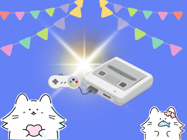 スーパーファミコンと猫親子